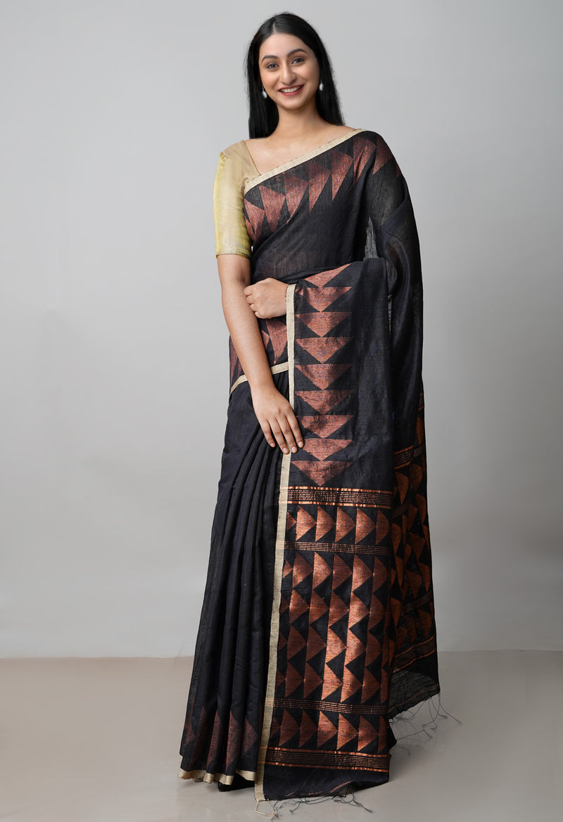 Black Pure Handloom Dupion Bengal Sico Saree-UNM72147