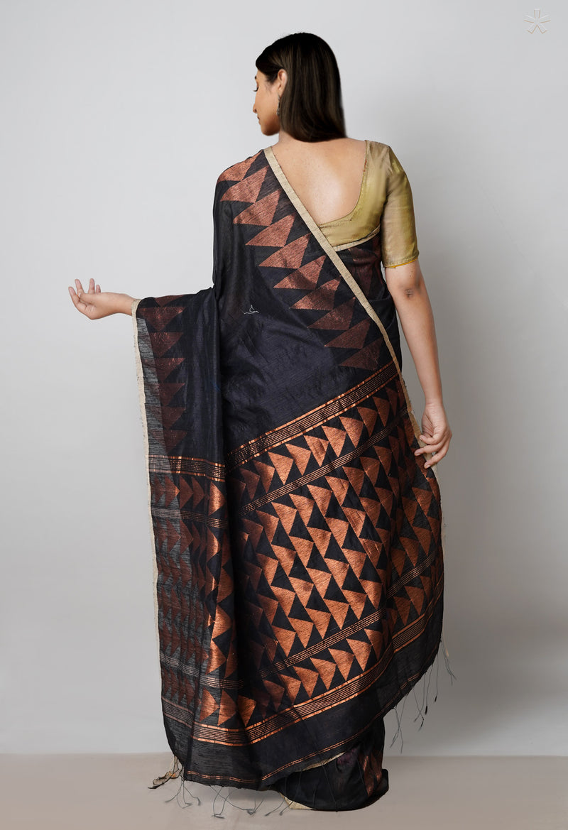 Black Pure Handloom Dupion Bengal Sico Saree-UNM72147