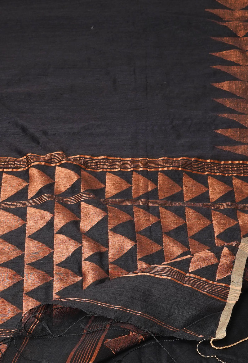Black Pure Handloom Dupion Bengal Sico Saree-UNM72147
