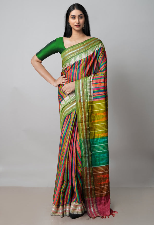 Multi Pure Handloom Block Printed Vidarbha Tussar  Jute Saree-UNM72425