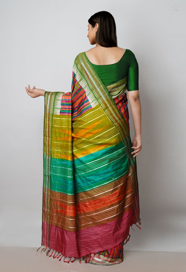 Multi Pure Handloom Block Printed Vidarbha Tussar  Jute Saree-UNM72425