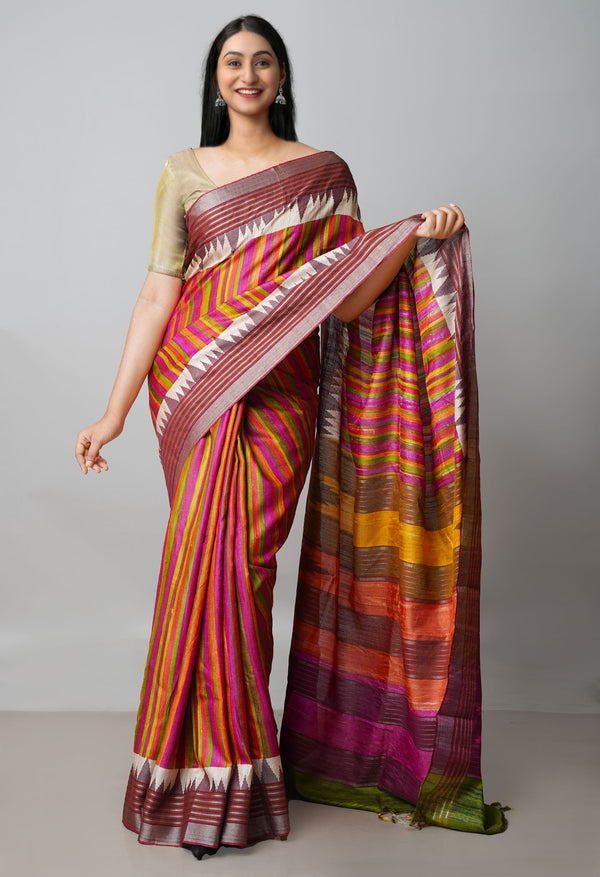 Multi Pure Handloom Printed Vidarbha Tussar Jute Saree-UNM72435