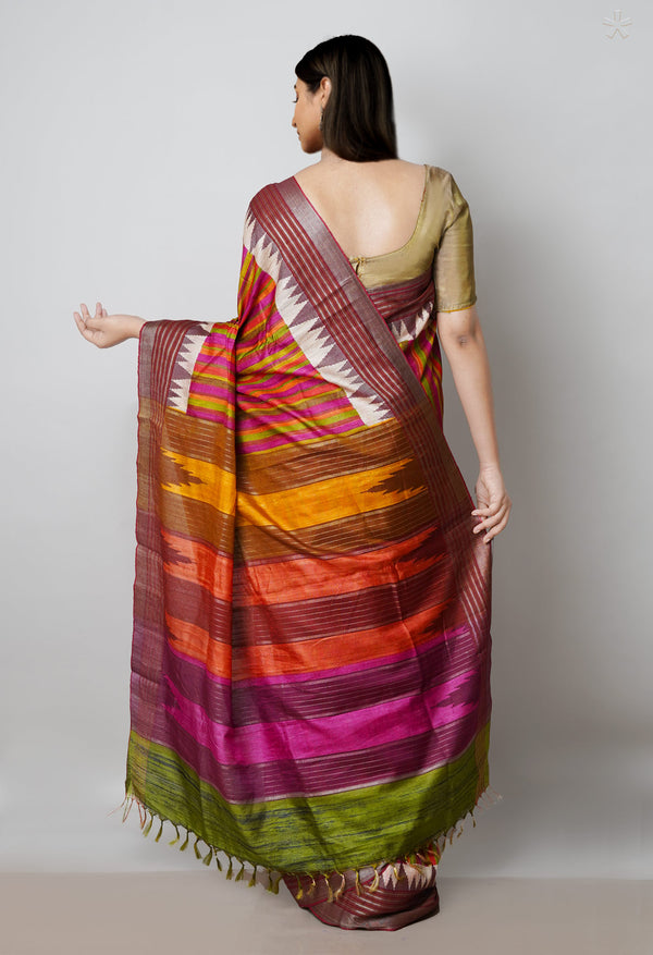 Multi Pure Handloom Printed Vidarbha Tussar Jute Saree-UNM72435