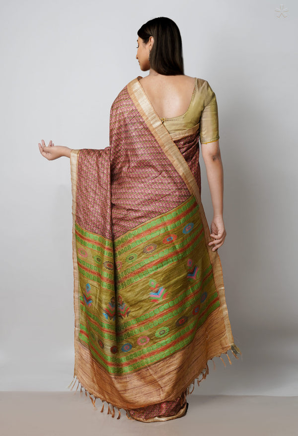 Pink Pure Handloom Block Printed Vidarbha Tussar Jute Saree-UNM72441