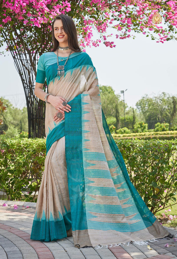 Cream-Teal Green Pure  Bengal Ghicha Tussar Jute Saree-UNM72504