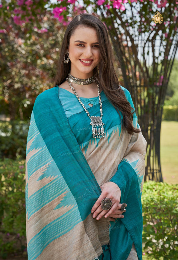 Cream-Teal Green Pure  Bengal Ghicha Tussar Jute Saree-UNM72504