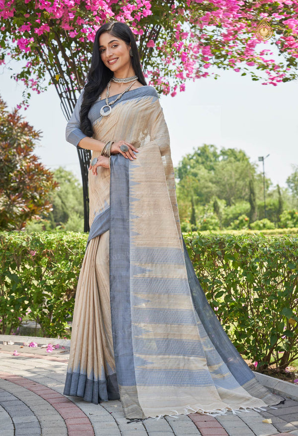 Cream-Bluish Grey Pure  Bengal Ghicha Tussar Jute Saree-UNM72507
