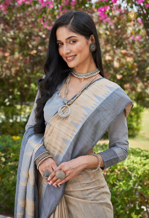 Cream-Bluish Grey Pure  Bengal Ghicha Tussar Jute Saree-UNM72507