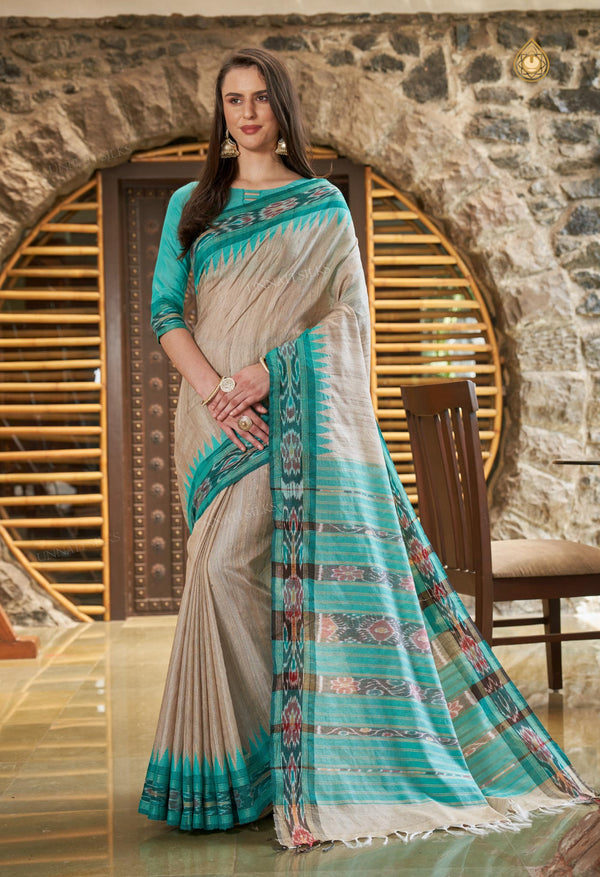 Cream-Teal Green Pure  Bengal Ghicha Tussar Jute Saree-UNM72509
