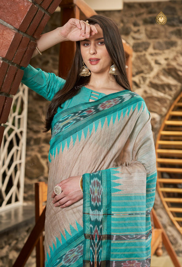 Cream-Teal Green Pure  Bengal Ghicha Tussar Jute Saree-UNM72509