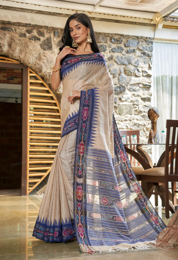 Cream-Navy Blue Pure  Bengal Ghicha Tussar Jute Saree-UNM72514