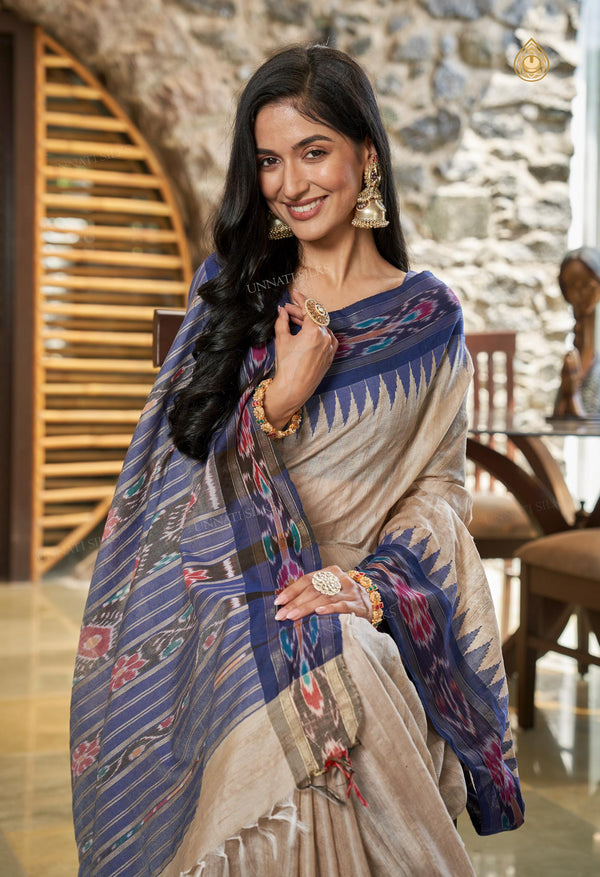 Cream-Navy Blue Pure  Bengal Ghicha Tussar Jute Saree-UNM72514
