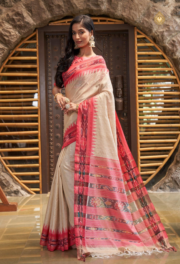 Cream-Cherry Red Pure  Bengal Ghicha Tussar Jute Saree-UNM72516