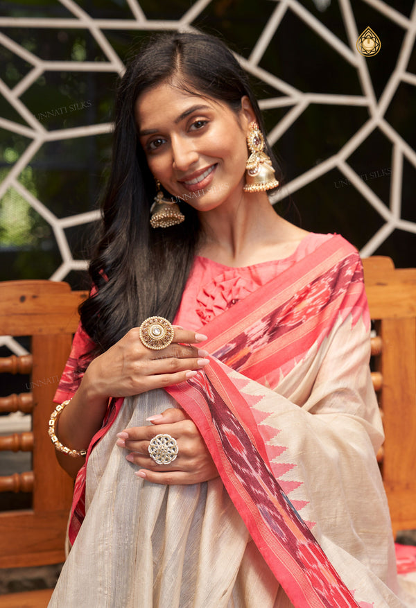 Cream-Cherry Red Pure  Bengal Ghicha Tussar Jute Saree-UNM72516