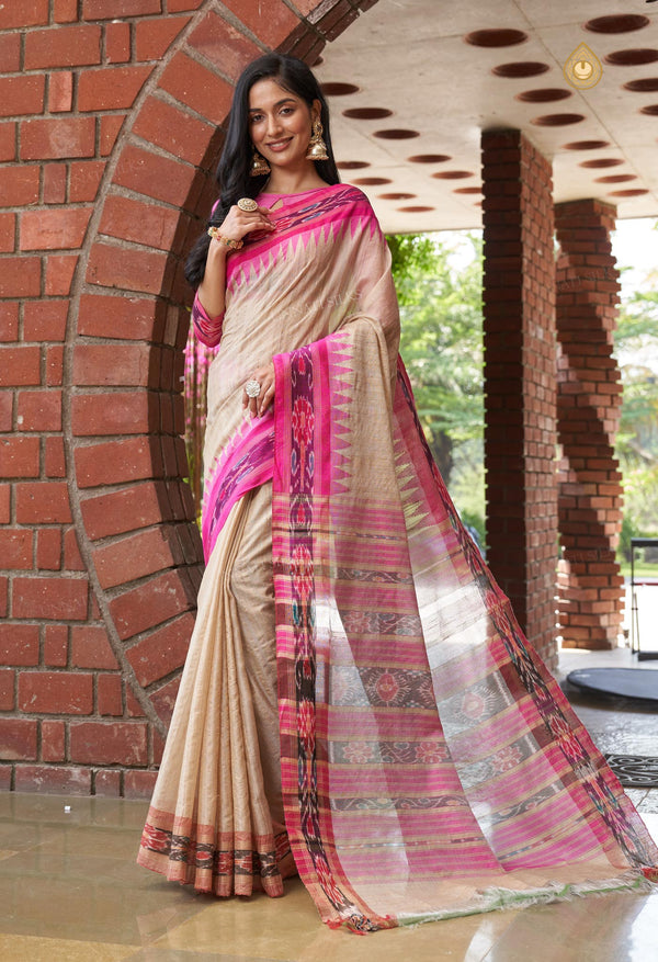 Cream-Magenta Pink Pure  Bengal Ghicha Tussar Jute Saree-UNM72517