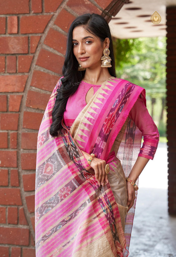 Cream-Magenta Pink Pure  Bengal Ghicha Tussar Jute Saree-UNM72517