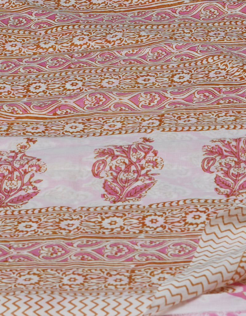 Pink Pure  Block Printed Superfine Mulmul  Cotton Saree-UNM72584