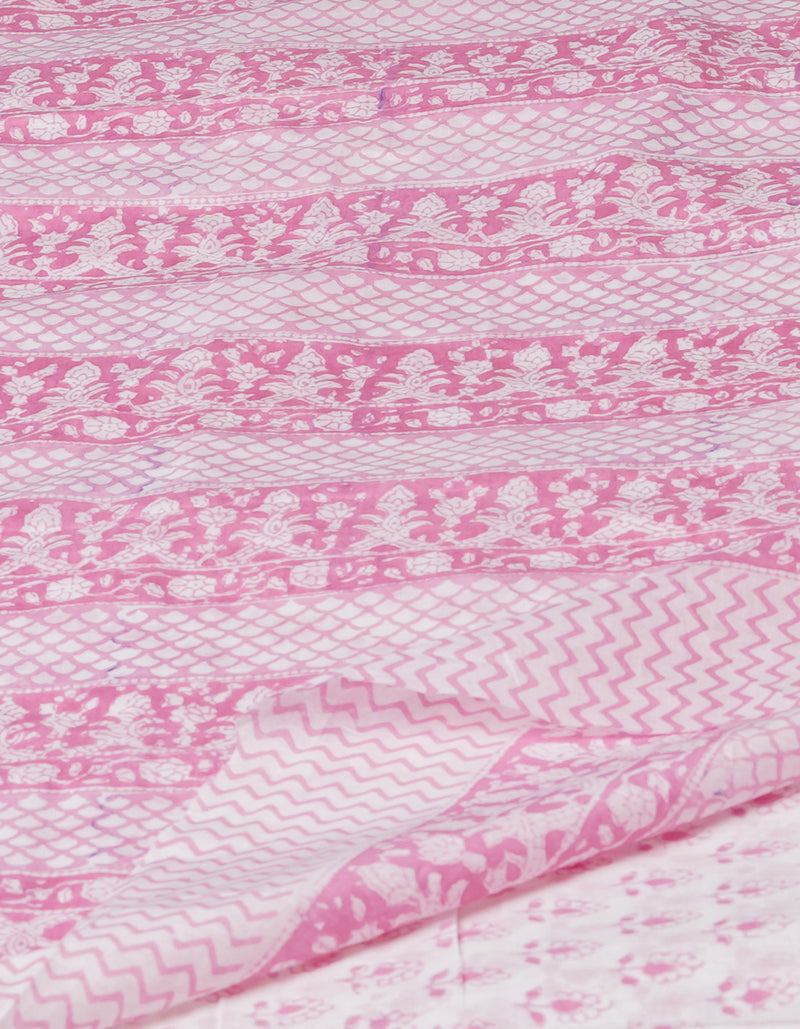 White-Pink Pure  Block Printed Superfine Mulmul  Cotton Saree-UNM72622