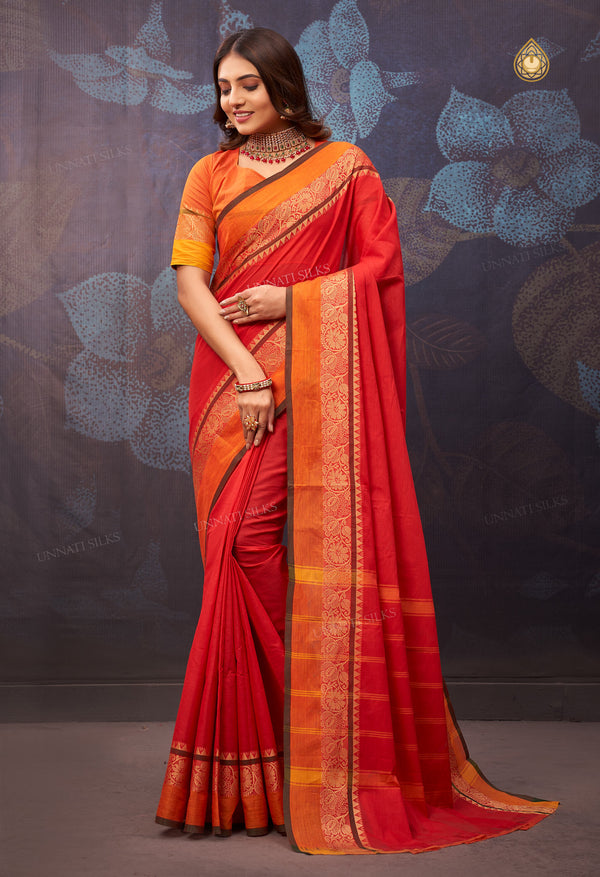 Cherry Red Pure  Pavani Handcrafted Kanchi Cotton Saree-UNM72663