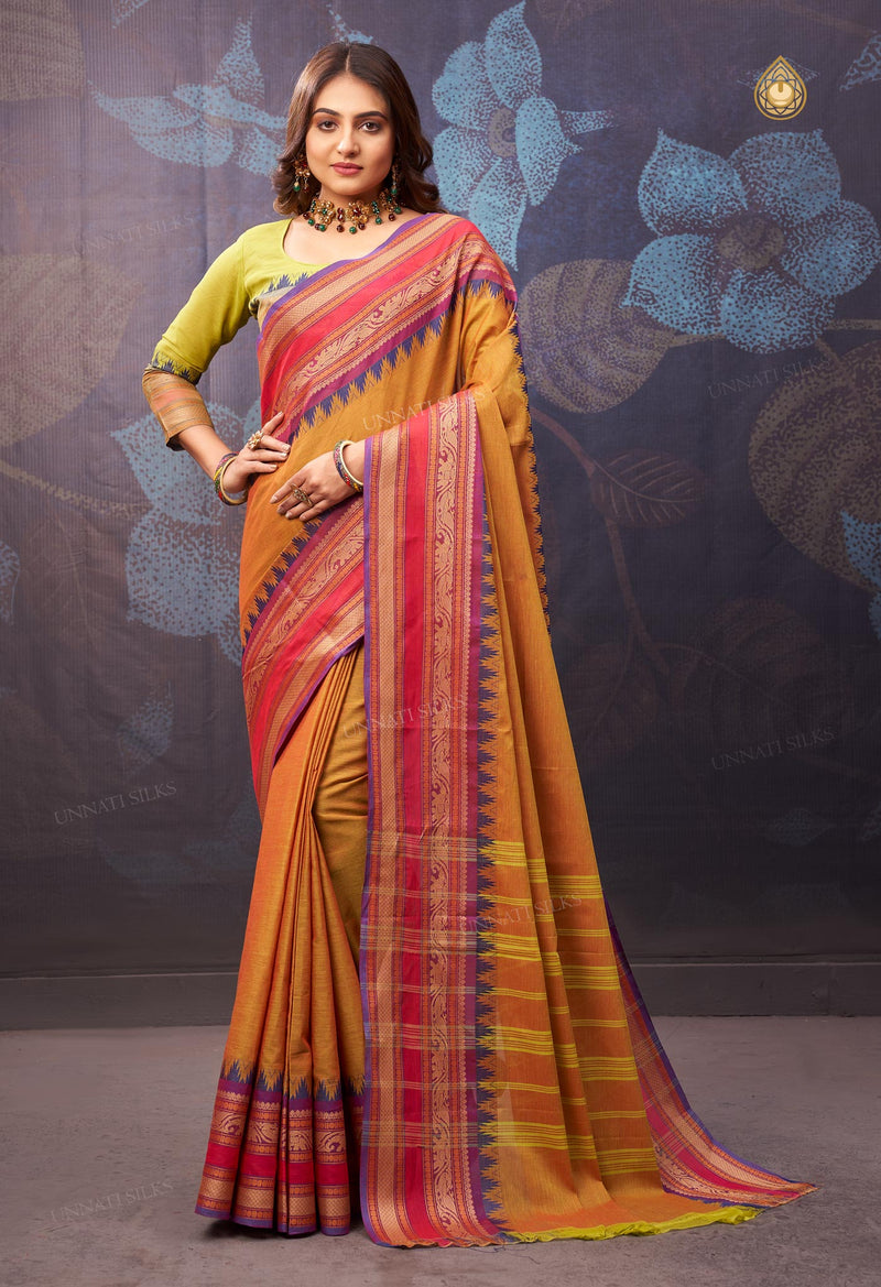 Mustard Yellow Pure Handloom Pavani Chettinad Cotton Saree-UNM72665