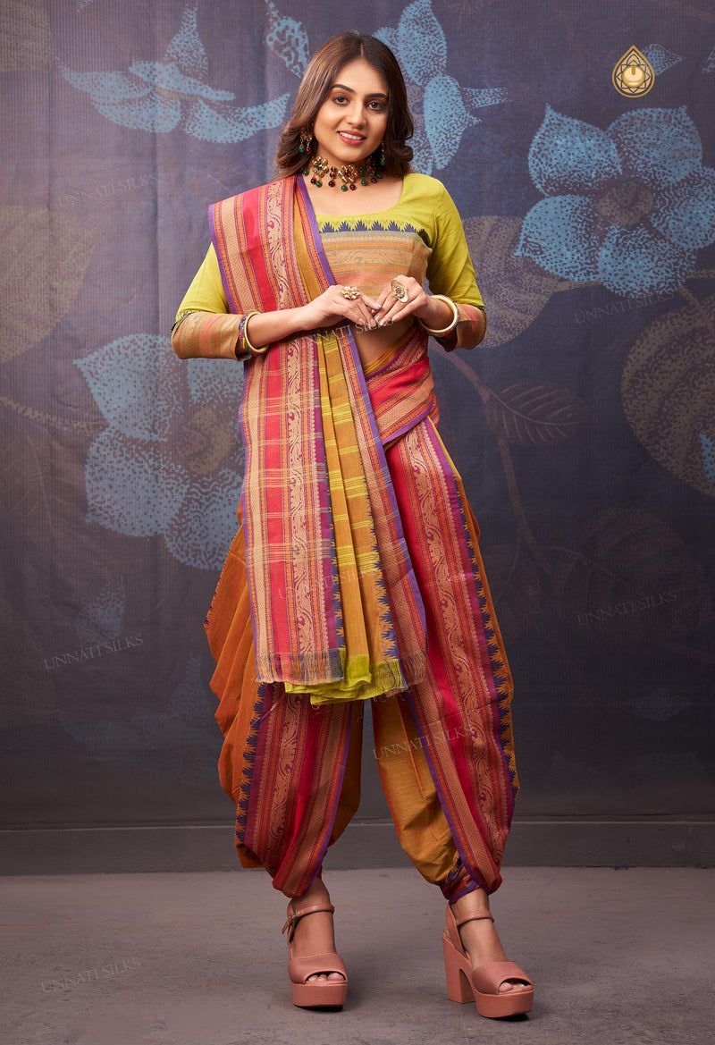 Mustard Yellow Pure Handloom Pavani Chettinad Cotton Saree-UNM72665