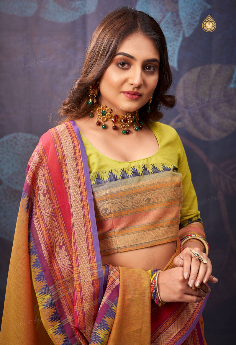 Mustard Yellow Pure Handloom Pavani Chettinad Cotton Saree-UNM72665