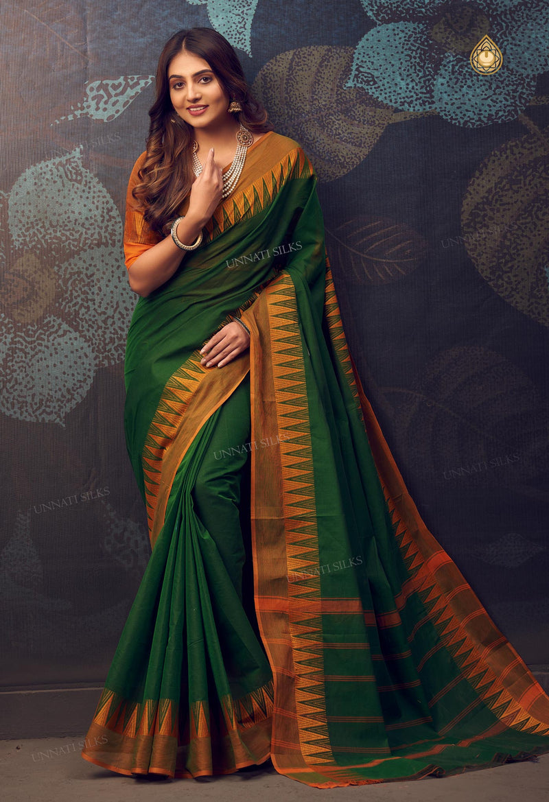 Dark Green Pure Handloom Pavani Chettinad Cotton Saree-UNM72666