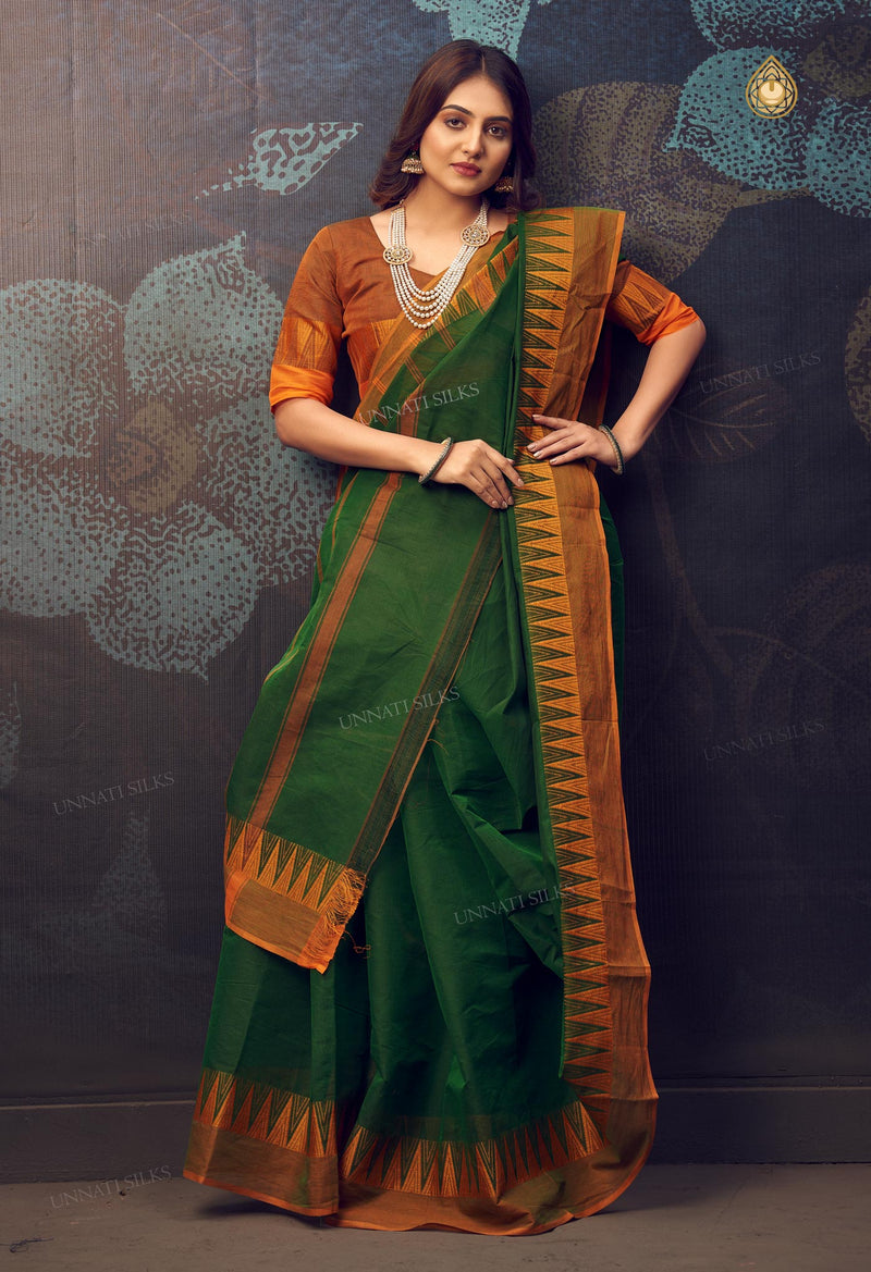 Dark Green Pure Handloom Pavani Chettinad Cotton Saree-UNM72666