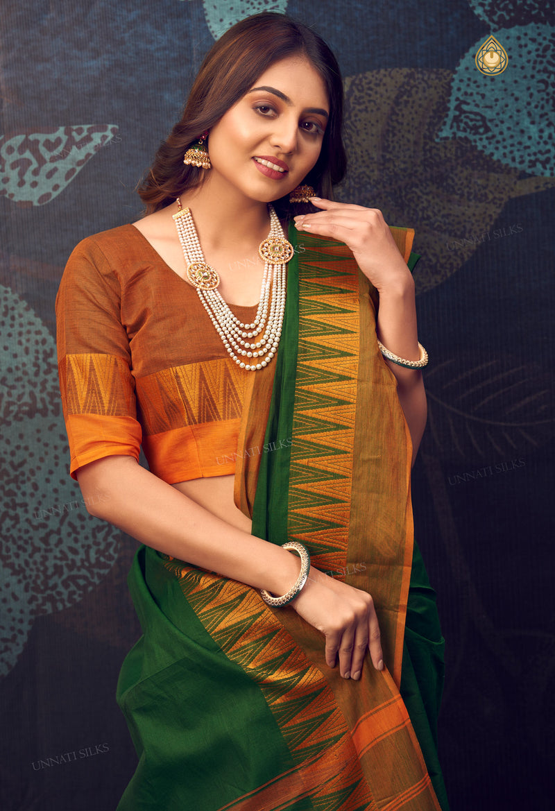 Dark Green Pure Handloom Pavani Chettinad Cotton Saree-UNM72666
