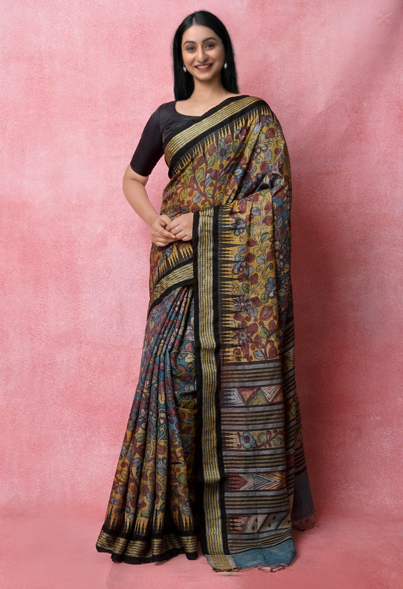Blue Pure Handloom Pen Kalamkari Painting Gicha Tussar Jute Saree-UNM72670