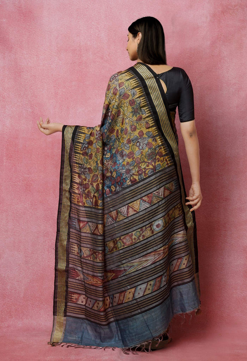 Blue Pure Handloom Pen Kalamkari Painting Gicha Tussar Jute Saree-UNM72670