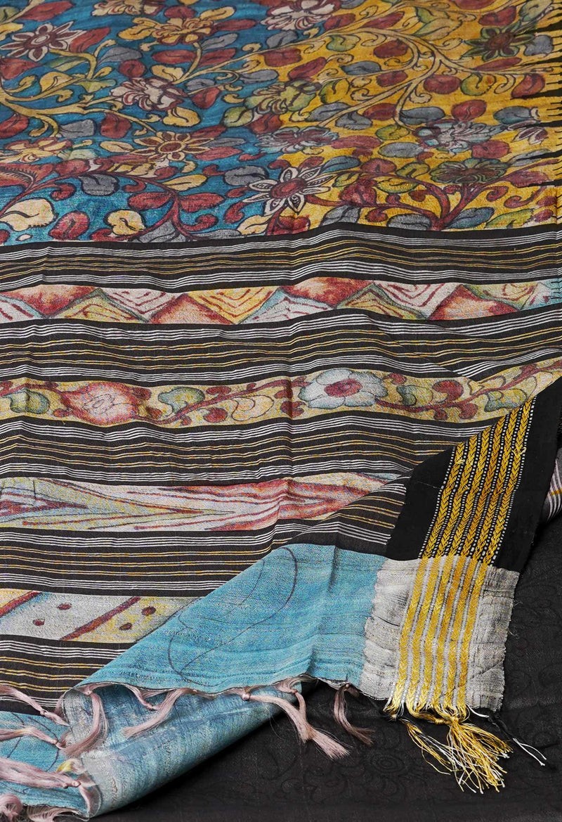 Blue Pure Handloom Pen Kalamkari Painting Gicha Tussar Jute Saree-UNM72670