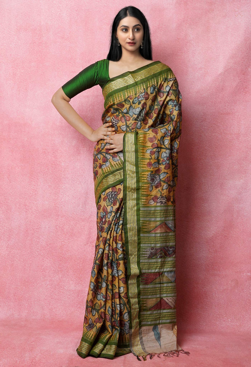 Yellow Pure Handloom Pen Kalamkari Painting Gicha Tussar Jute Saree-UNM72671