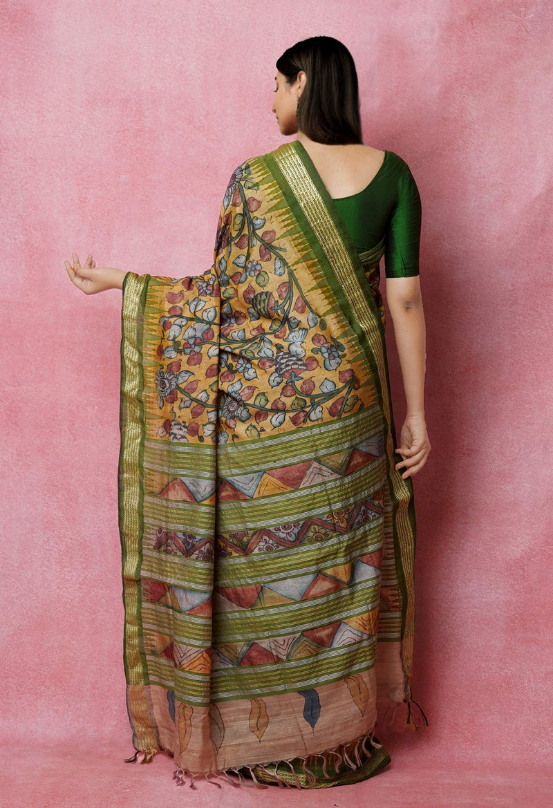 Yellow Pure Handloom Pen Kalamkari Painting Gicha Tussar Jute Saree-UNM72671