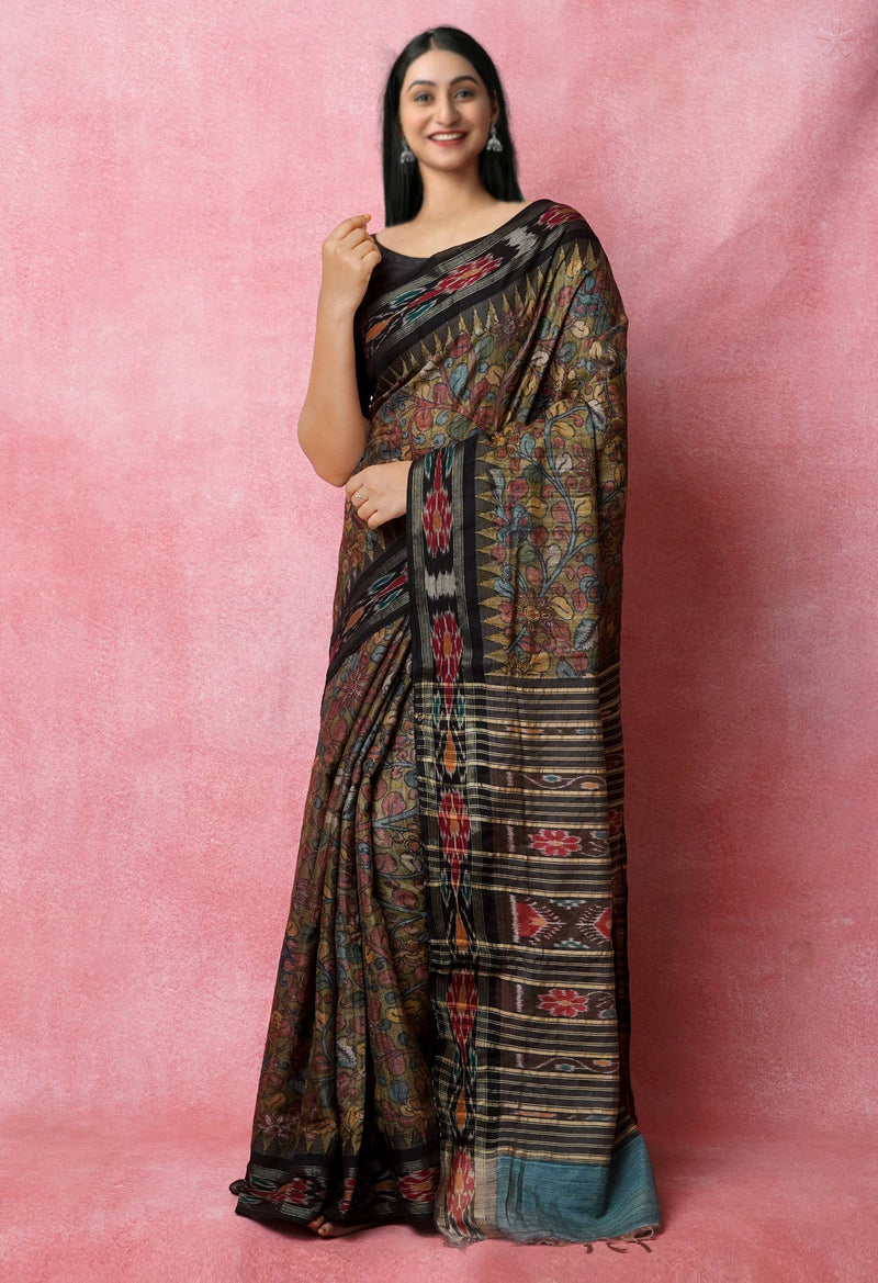 Mehndi Green Pure Handloom Pen Kalamkari Painting Gicha Tussar Jute Saree-UNM72672