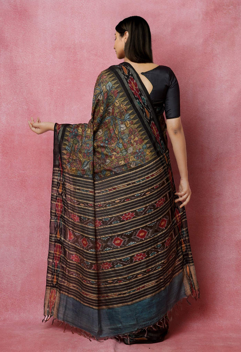 Mehndi Green Pure Handloom Pen Kalamkari Painting Gicha Tussar Jute Saree-UNM72672
