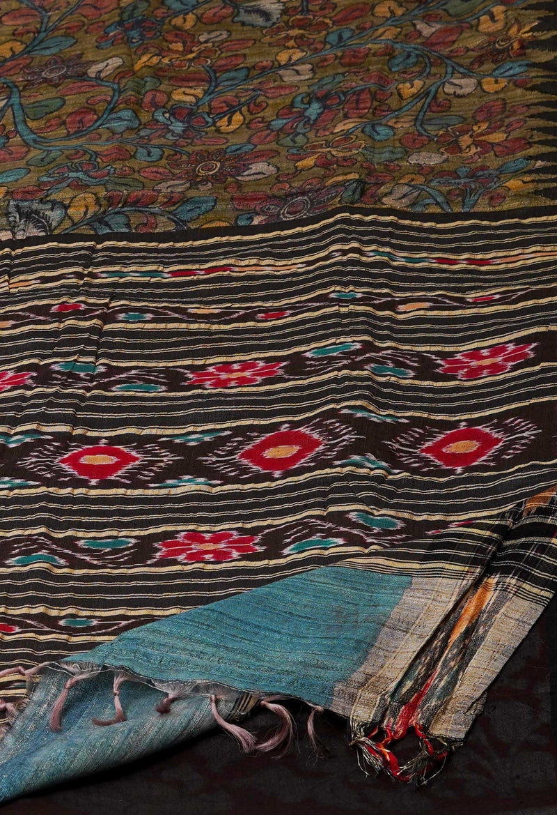Mehndi Green Pure Handloom Pen Kalamkari Painting Gicha Tussar Jute Saree-UNM72672