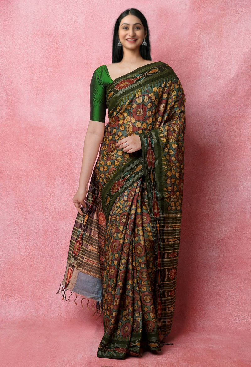 Light Peacock Green Pure Handloom Pen Kalamkari Painting Gicha Tussar Jute Saree-UNM72673