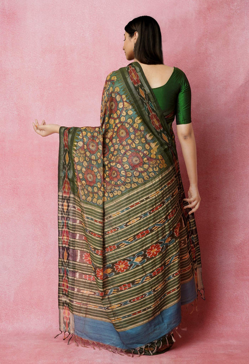 Light Peacock Green Pure Handloom Pen Kalamkari Painting Gicha Tussar Jute Saree-UNM72673