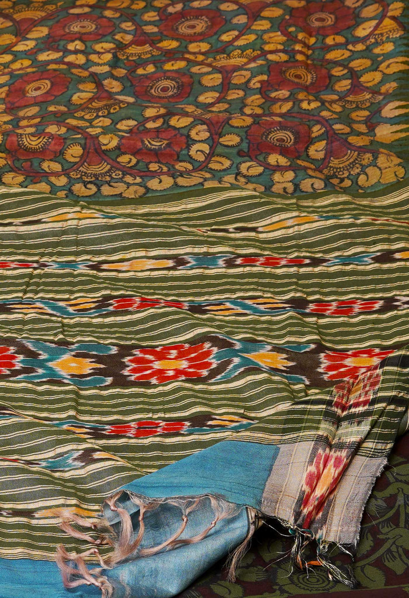Light Peacock Green Pure Handloom Pen Kalamkari Painting Gicha Tussar Jute Saree-UNM72673