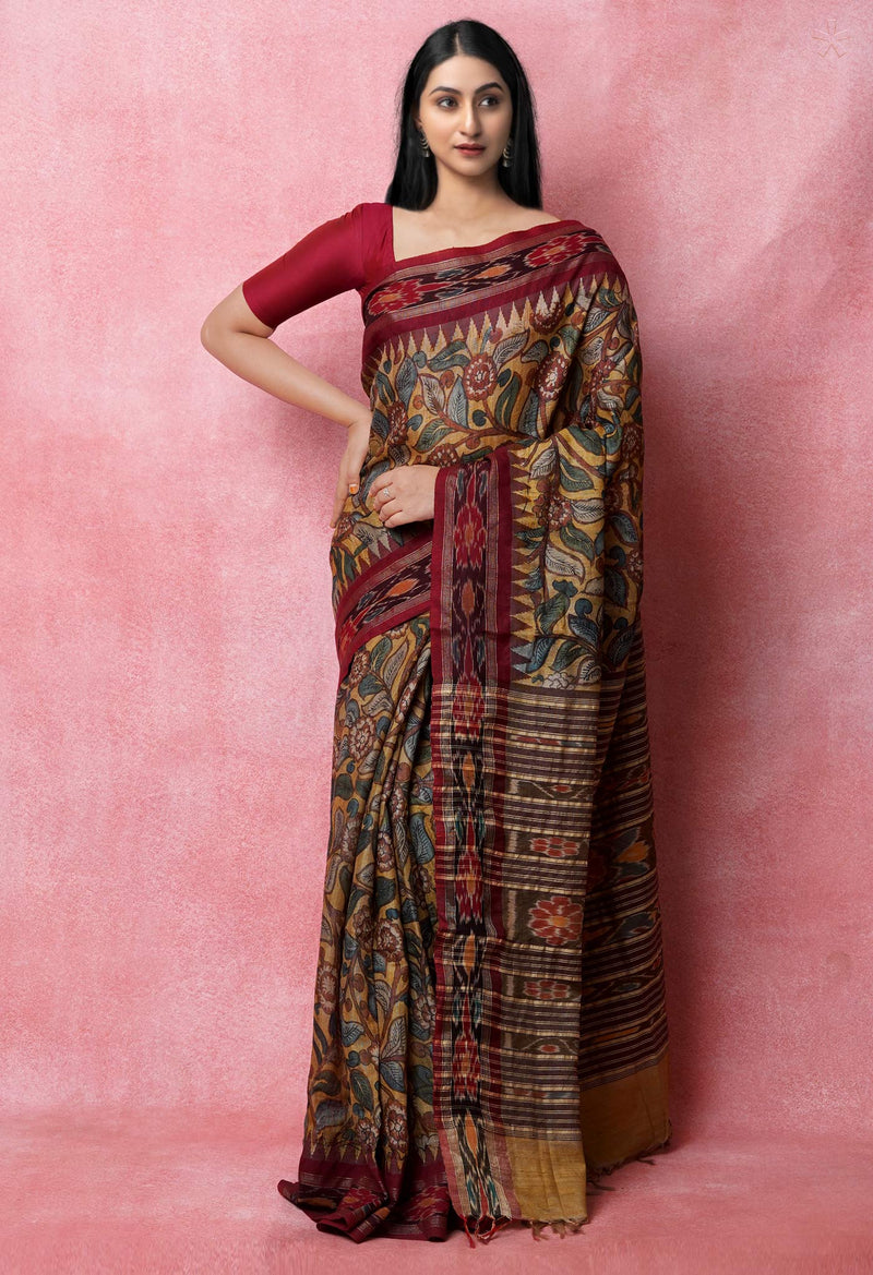 Cream Pure Handloom Pen Kalamkari Painting Gicha Tussar Jute Saree-UNM72675