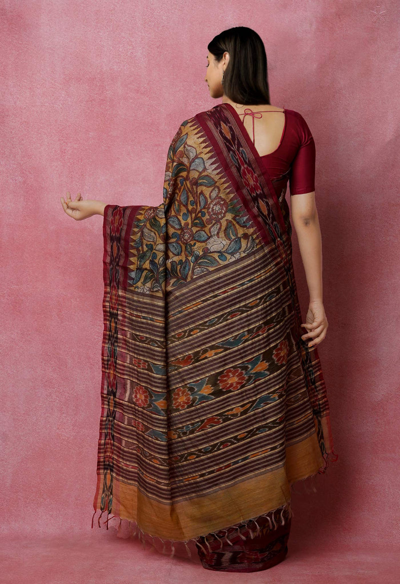Cream Pure Handloom Pen Kalamkari Painting Gicha Tussar Jute Saree-UNM72675