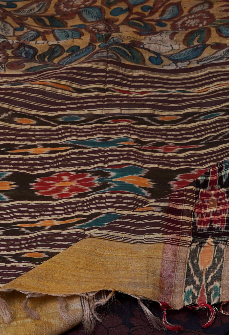 Cream Pure Handloom Pen Kalamkari Painting Gicha Tussar Jute Saree-UNM72675