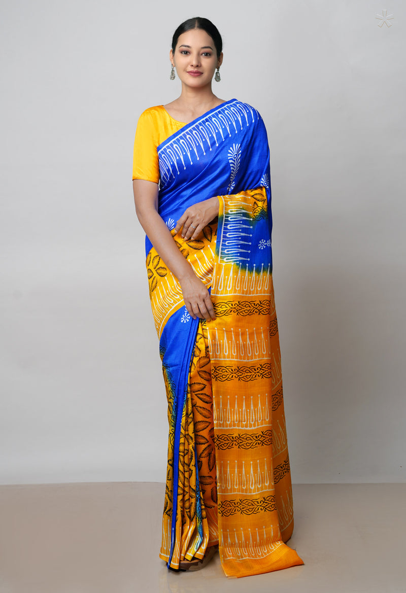 Dark Blue-Yellow Pure Handloom Block Printed Mysore Silk Saree-UNM72796