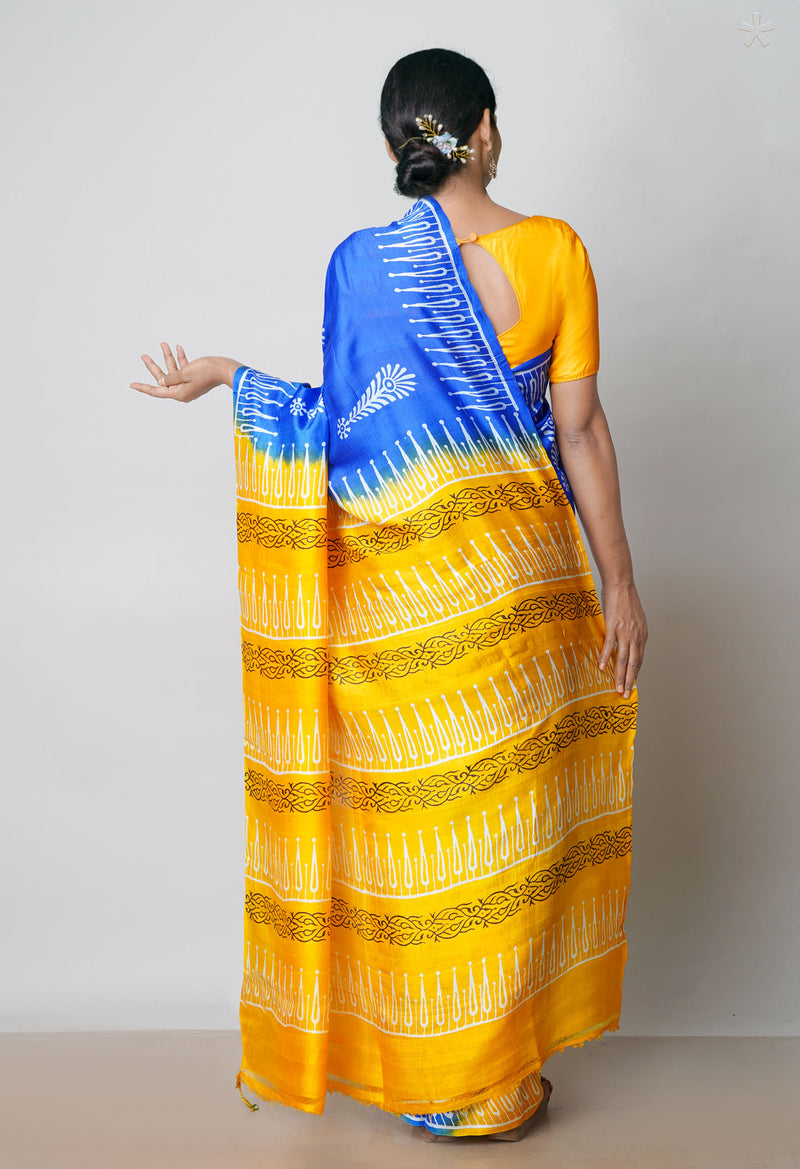 Dark Blue-Yellow Pure Handloom Block Printed Mysore Silk Saree-UNM72796