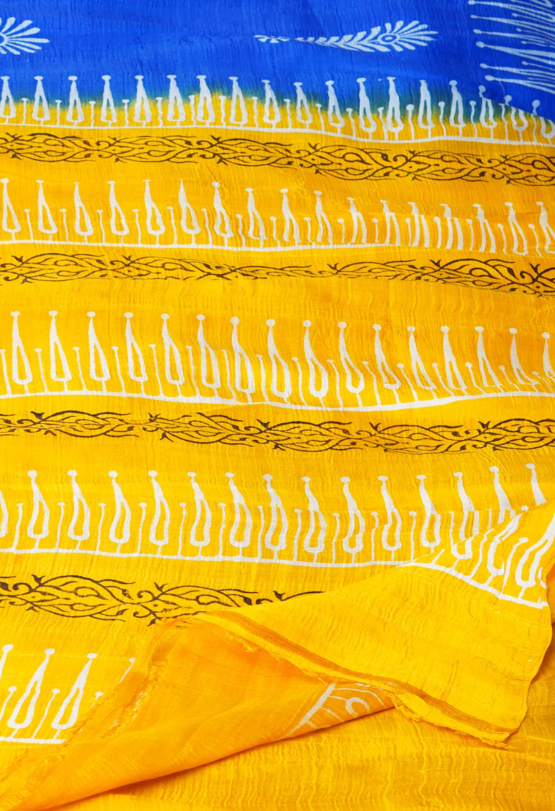 Dark Blue-Yellow Pure Handloom Block Printed Mysore Silk Saree-UNM72796