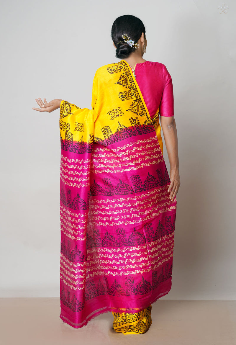 Yellow-Pink Pure Handloom Block Printed Mysore Silk Saree-UNM72807