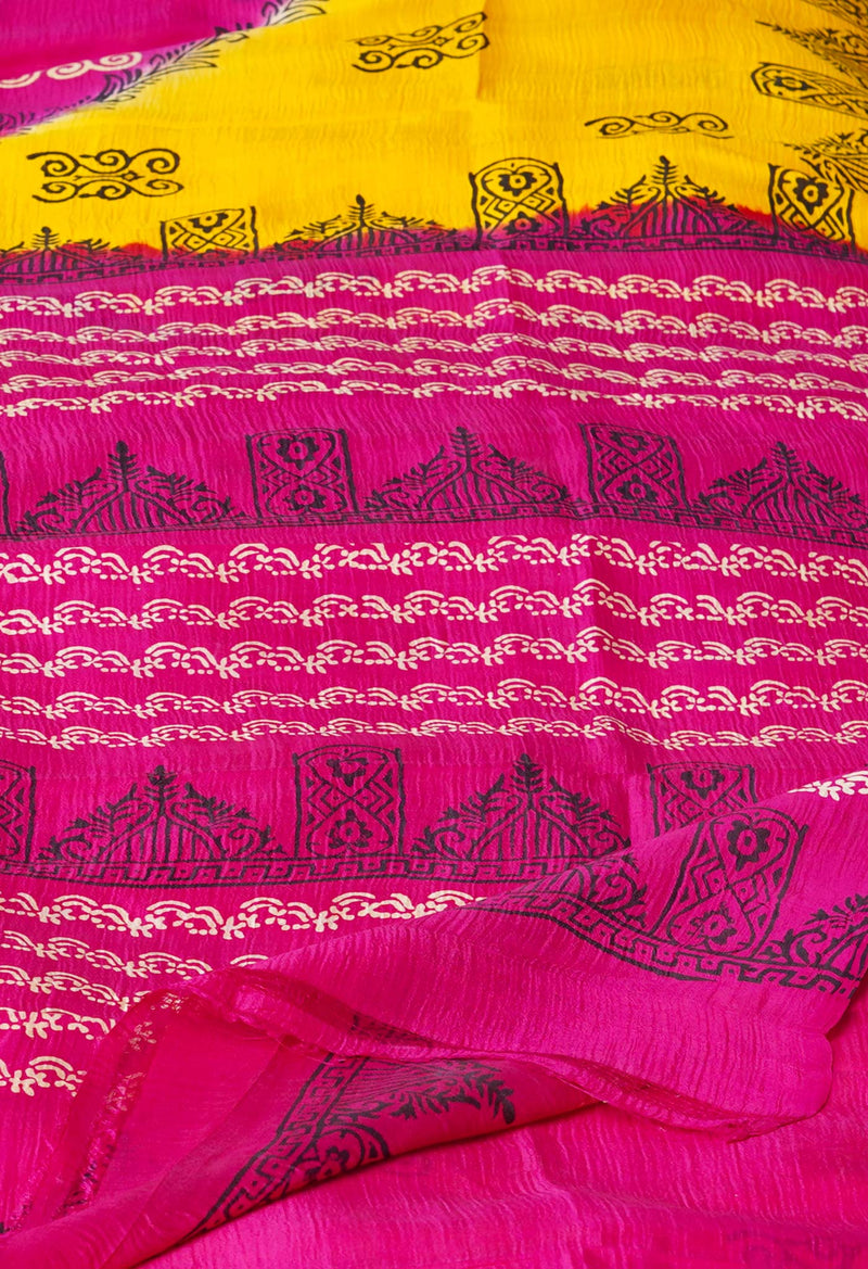 Yellow-Pink Pure Handloom Block Printed Mysore Silk Saree-UNM72807