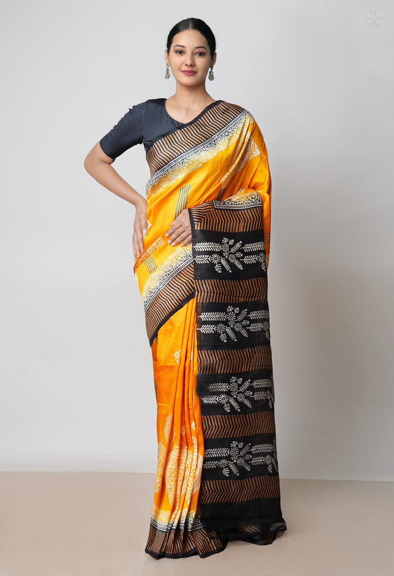 Mustard Yellow-Black Pure Handloom Block Printed Mysore Silk Saree-UNM72811