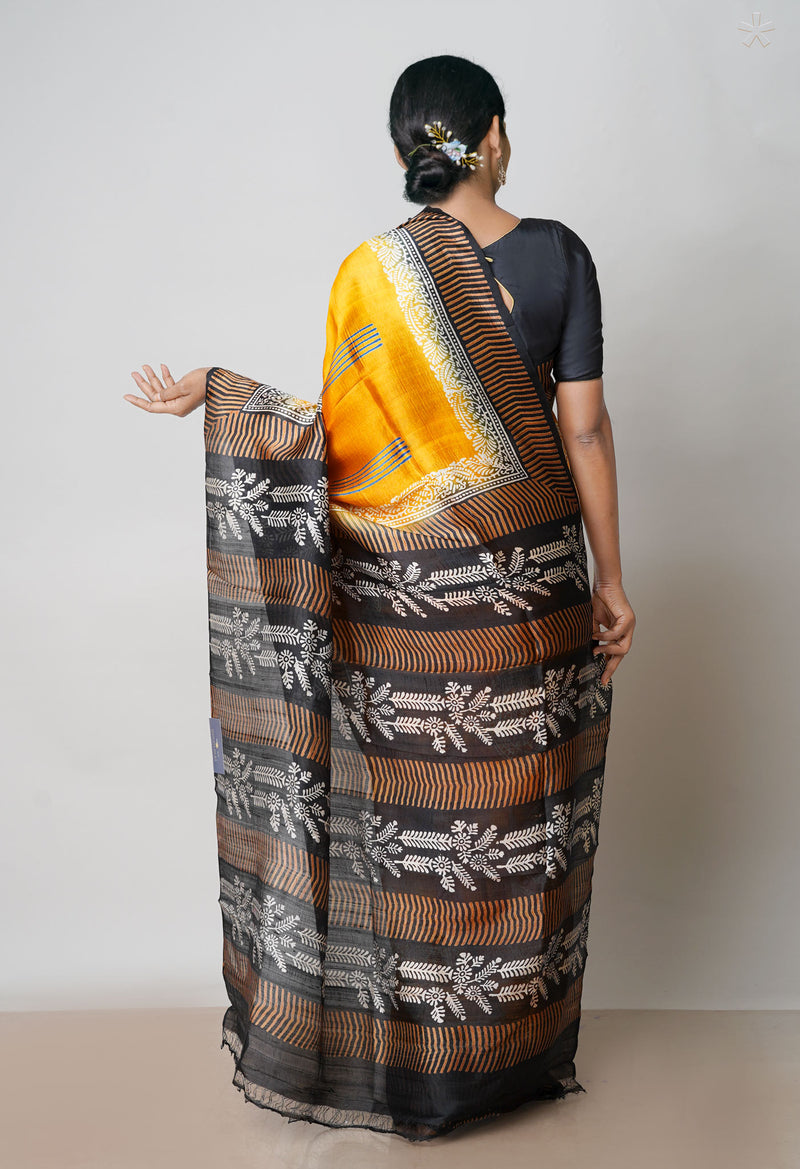 Mustard Yellow-Black Pure Handloom Block Printed Mysore Silk Saree-UNM72811